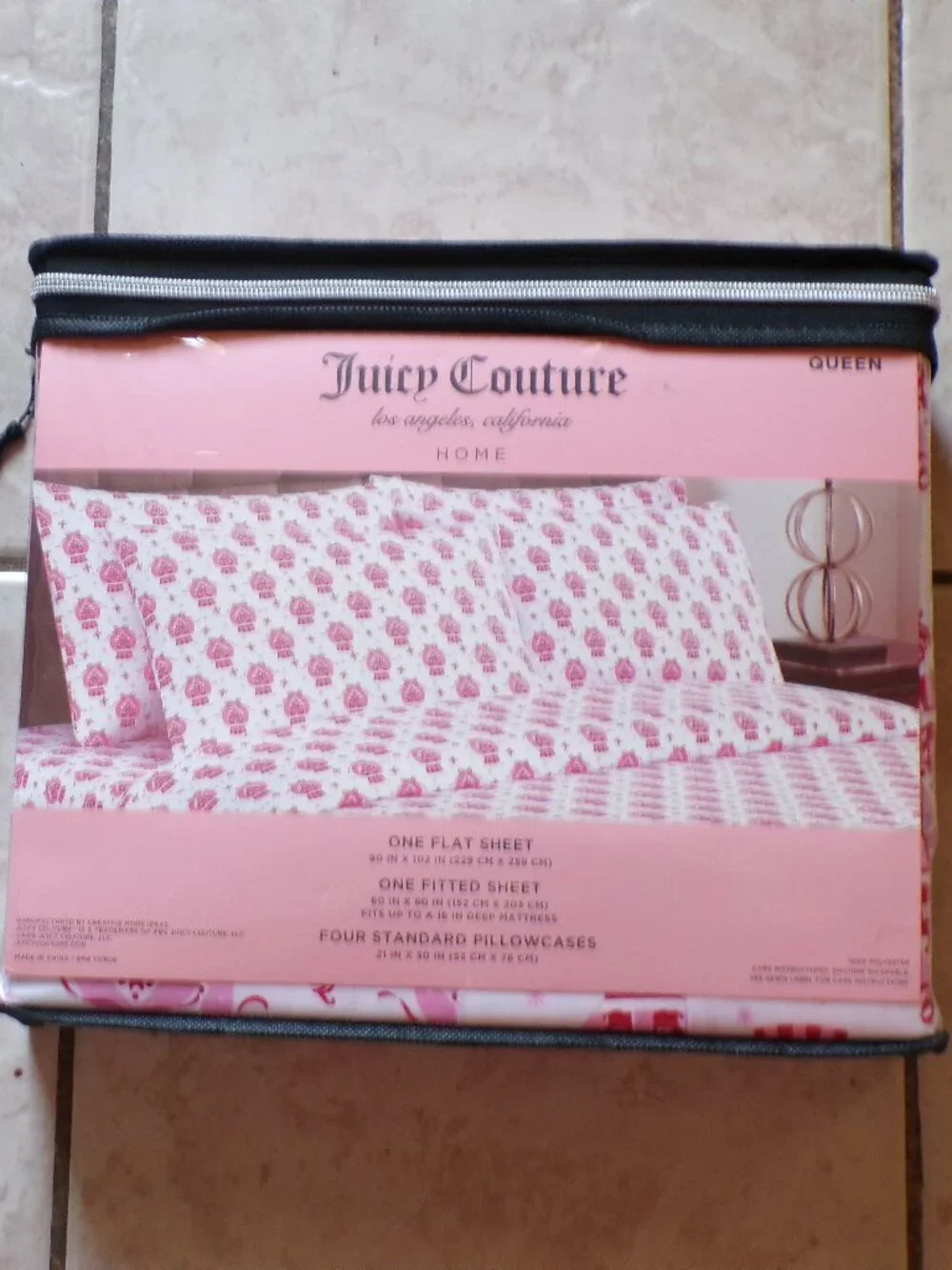 JUICY COUTURE Queen Size Sheet Set Gingerbread Houses n Snow Globes Holiday 6 PC